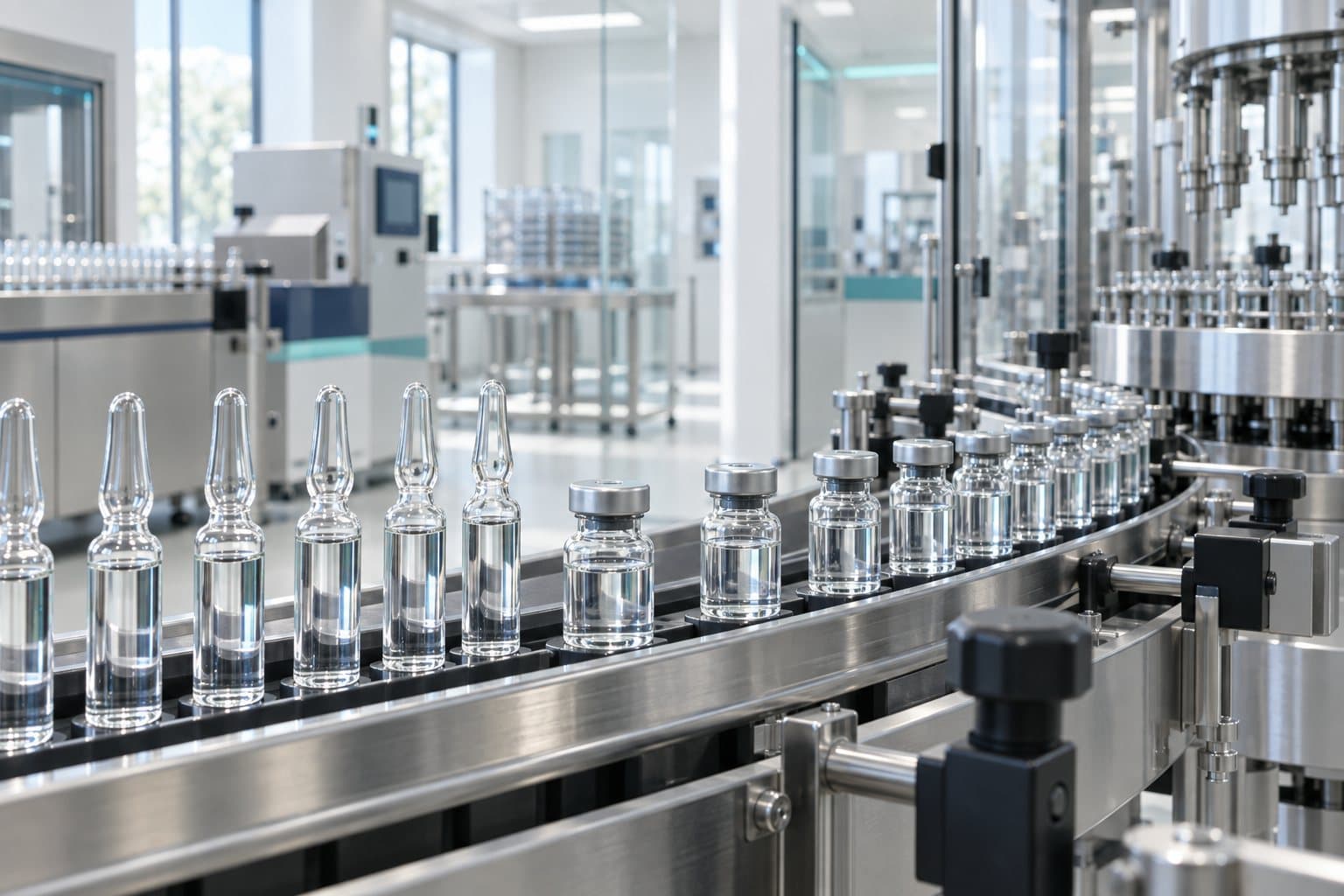 Glass ampoules and vials on a sterile pharmaceutical production line