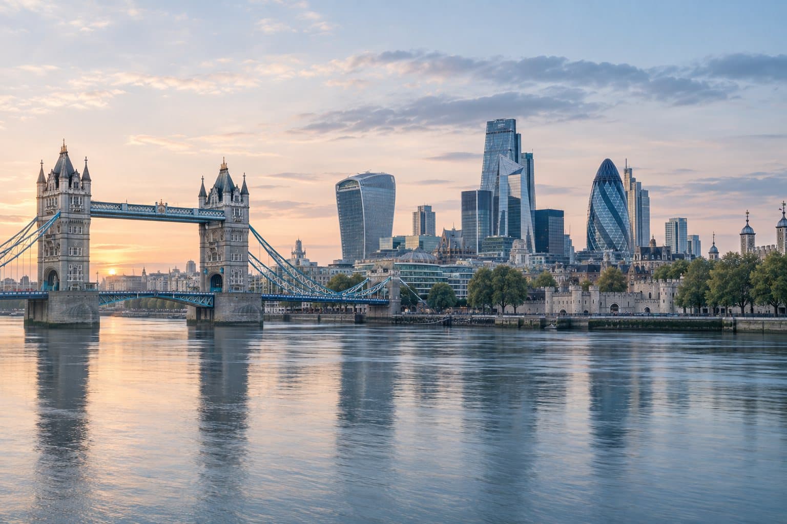 The London skyline and Tower Bridge across the River Thames