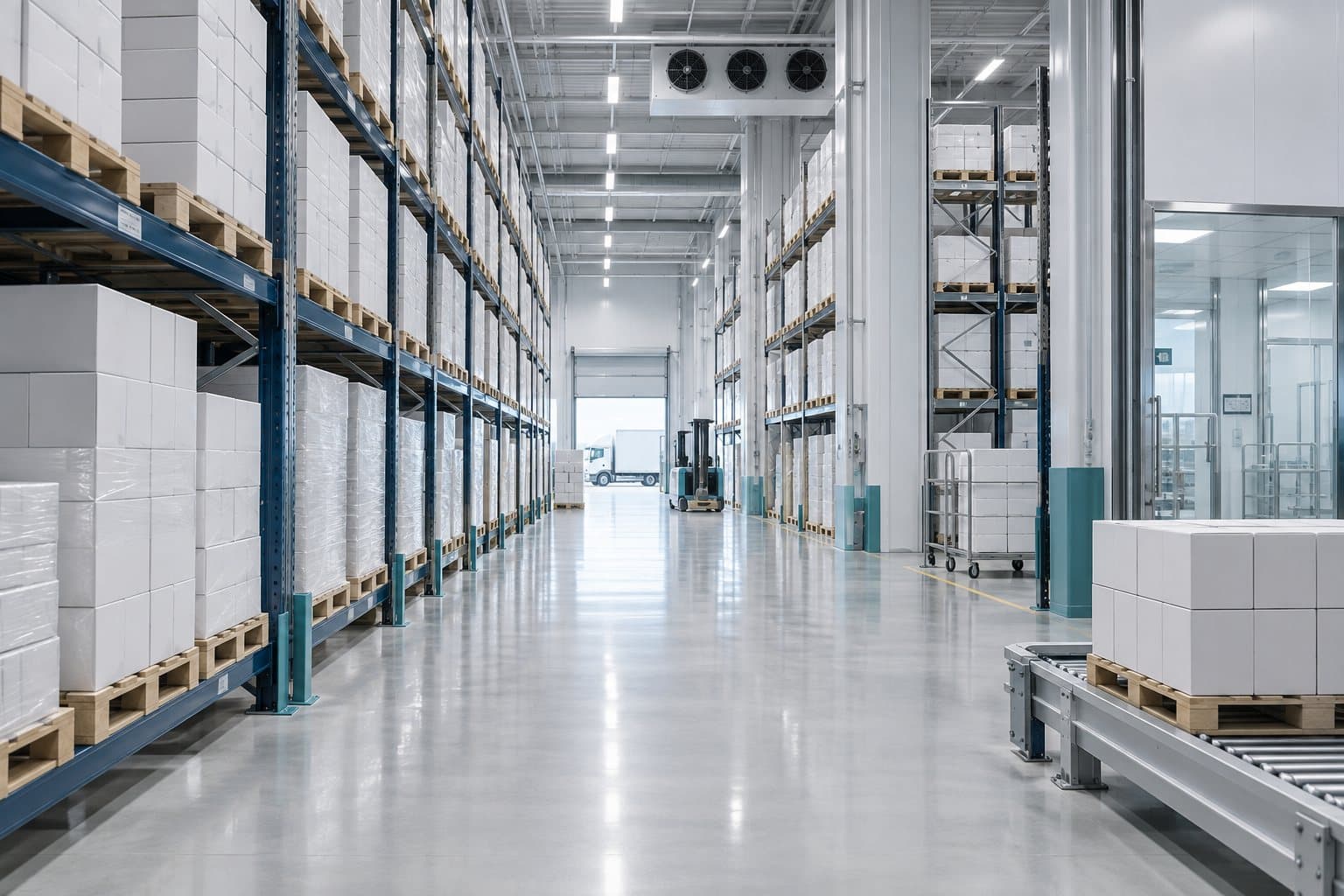Medicine cartons stored on racking in a clean pharmaceutical warehouse